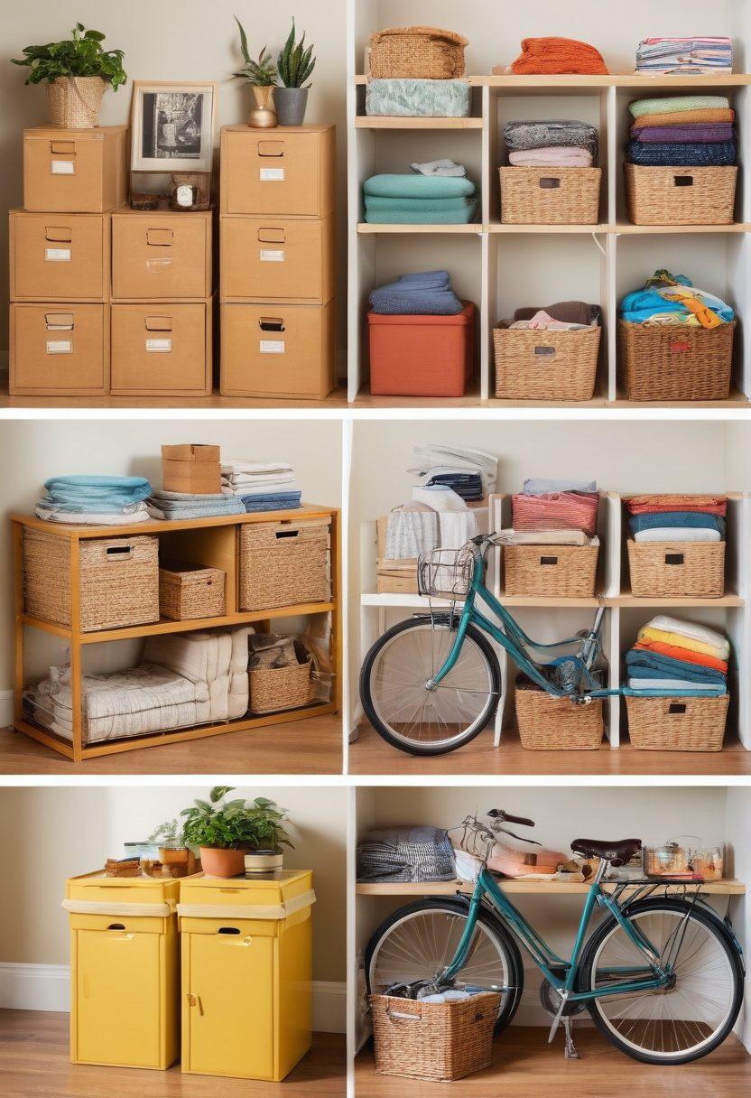 A cozy, organized self-storage unit filled with various affordable storage solutions, showcasing neatly stacked boxes, a bicycle, and household items. Natural light streams in, illuminating the vibrant colors of the storage items. A person happily arranging their belongings emphasizes the theme of maximizing space. An infographic at the side highlights tips for effective storage. super-realistic. vibrant colors.