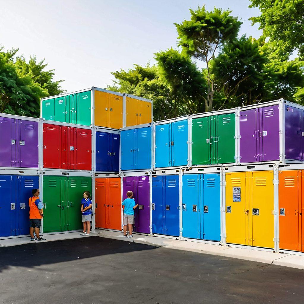 A modern, secure storage facility surrounded by lush greenery, showcasing different types of storage units like lockers and containers, with a friendly family discussing options with a knowledgeable staff member. Include vibrant signage that says 'Maximize Convenience' and 'Secure Your Belongings'. Emphasize safety features like cameras and locks. super-realistic. vibrant colors. white background.